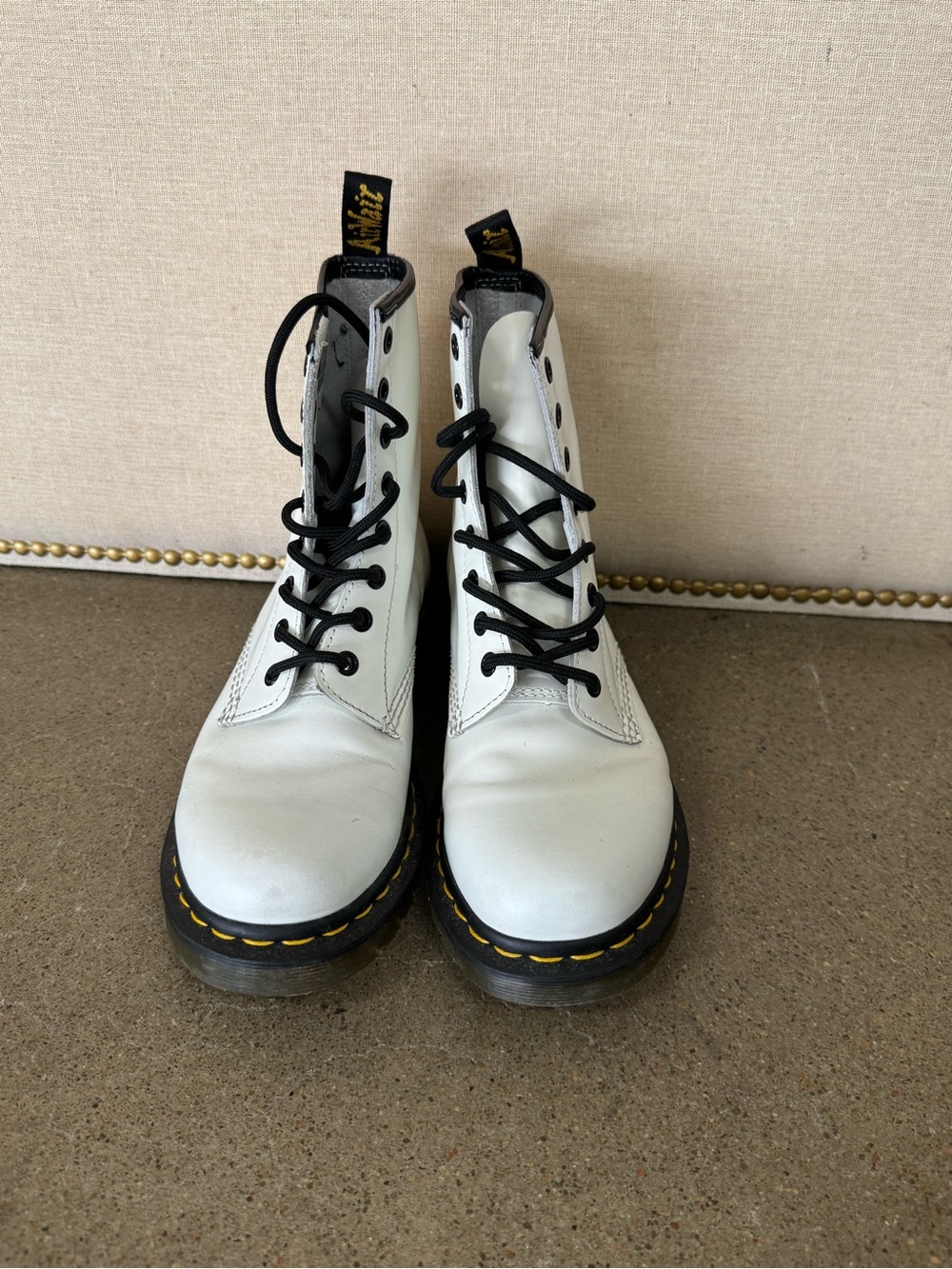 Dr. Martens White Leather Lace-Up Boots with Black Laces